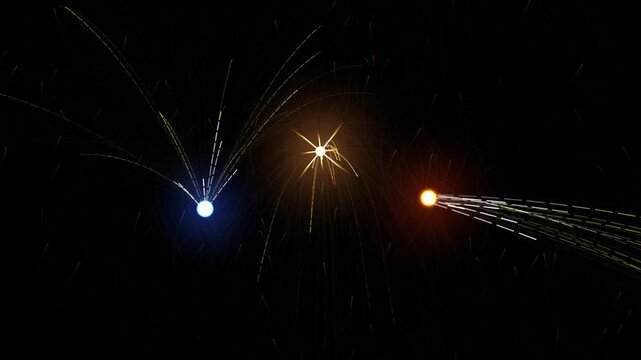 Abstract glowing light particles motion background, with blue and, orange orbs and, trailing energy trails, in deep space