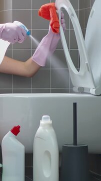 Close Up Hands Spraying Disinfectant and Wiping Toilet Seat