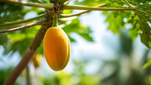 Minimal papaya hanging on a tree captured with clean focus and an unobtrusive blurred garden backdrop lit with soft bright daylight for a simple fresh mood