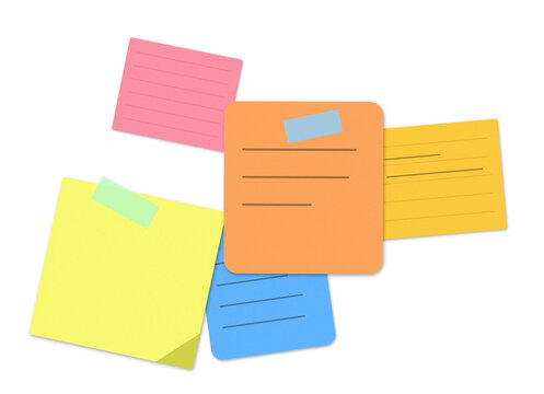 Colorful sticky notes with handwritten lines and adhesive tape pieces grouped together for organization and office communication and planning tasks