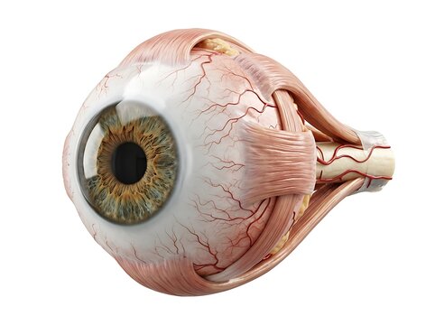 Human eye with eyelid and eyebrow removed isolated on white background