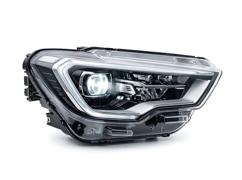 Modern car led headlight assembly close-up isolated on white background