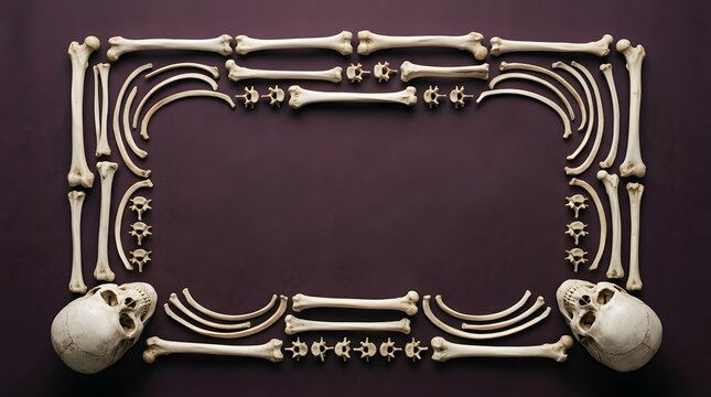 Rectangular frame made of human bones and skulls on a dark purple background for halloween design