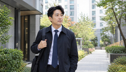 Fototapeta premium A young professional man in business attire carrying a shoulder bag while walking along a modern urban office district.