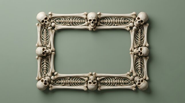 Decorative picture frame made of human skulls and bones isolated on a solid green background for halloween