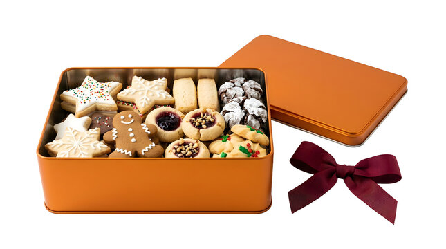 Orange metal tin box filled with assorted christmas cookies and a burgundy ribbon bow
