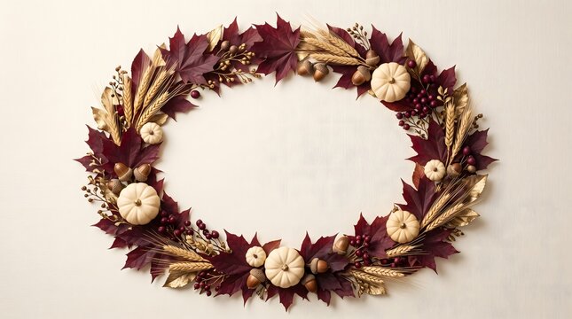 Elegant floral wreath made of dried flowers and seed pods on a white background
