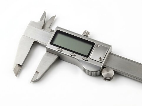 Digital caliper measuring metal object isolated on white background