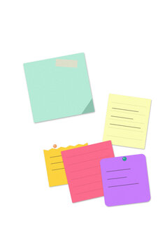 Colorful sticky notes with handwritten text and push pins arranged in a group for office organization and creative planning tasks