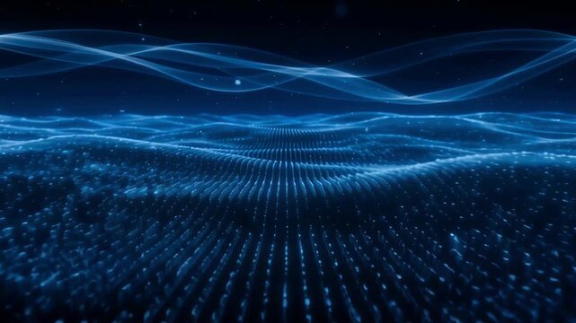 Glowing blue data particles moving in wave patterns across this abstract digital motion video background animation
