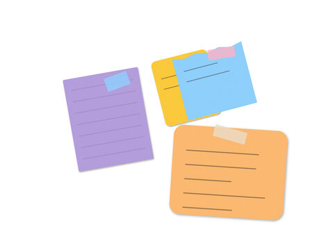 Colorful sticky notes with handwritten text and tape on a flat surface