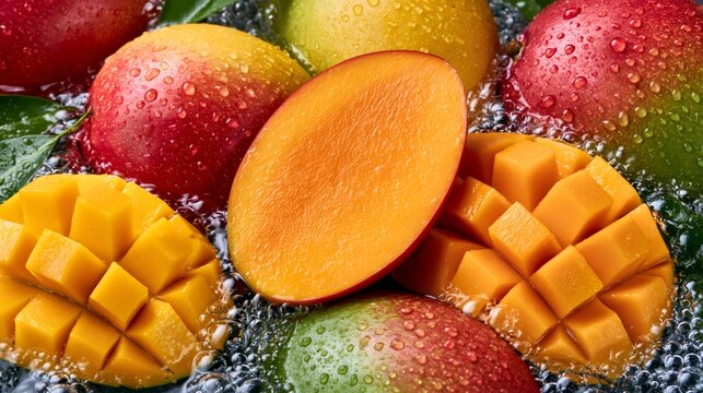 Fresh organic mangoes splashing in cool water with bubbles