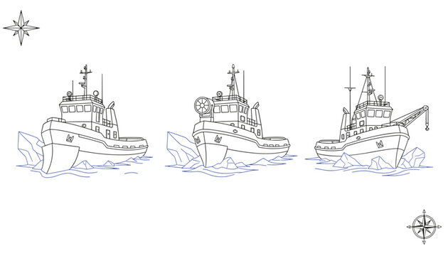 Detailed line art illustrations of tugboats navigating icy waters with compasses.