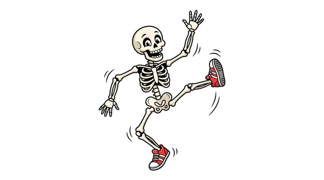 A skull dancing joyfully, wearing red sneakers, with a happy, dynamic expression. Cute cartoon style, bold lines, clean white background. Suitable for stickers or Halloween themes.