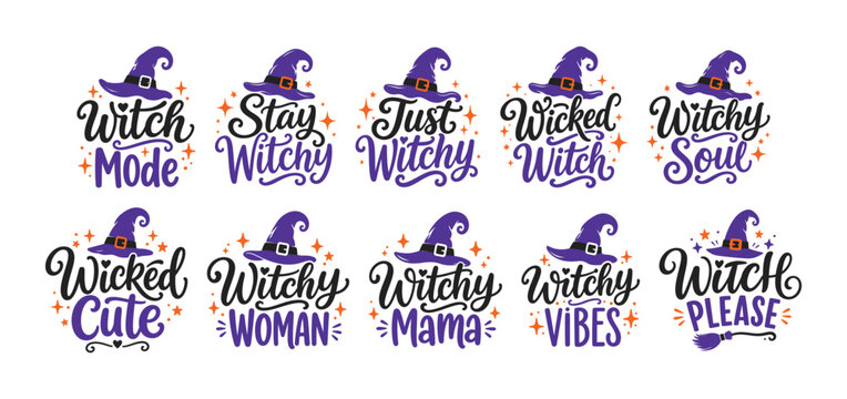 Colorful Witch Quote Typography Collection with Purple Halloween Hat and Magical Stars