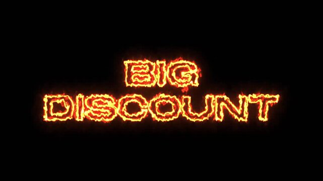 Big discount text animation with burning fire flames effect on dark black background video