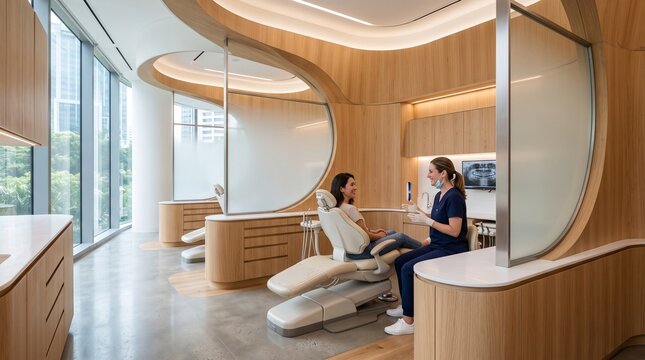 Premium architectural photograph of an innovative modern dental clinic with sculptural curves, natural wood, glass partitions, advanced technology and a welcoming minimalist interior