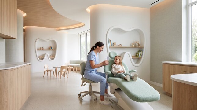 Premium pediatric dental clinic interior with subtle tooth inspired architecture, curved ceilings, organic furniture and dentist consulting with a child in a sophisticated healthcare space