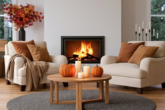 Cozy living room with autumn decor and fireplace