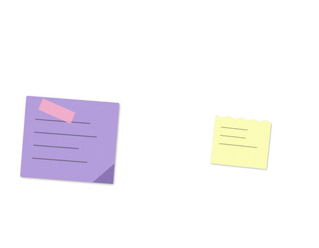 Purple and yellow sticky note papers with written text reminders for office work and school organization isolated on a clean surface