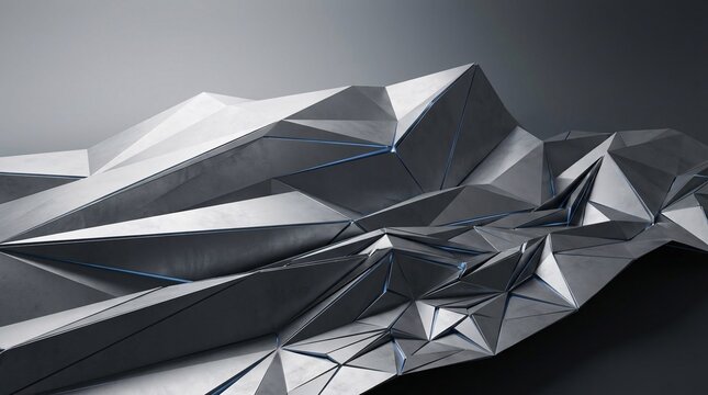 Abstract 3D geometric landscape sculpture with metallic silver polygonal facets and glowing blue light accents