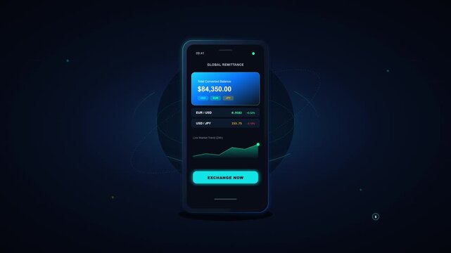 Smartphone displaying global remittance app with currency exchange rates, account balance, and financial growth charts on dark digital background for fintech and banking concepts.