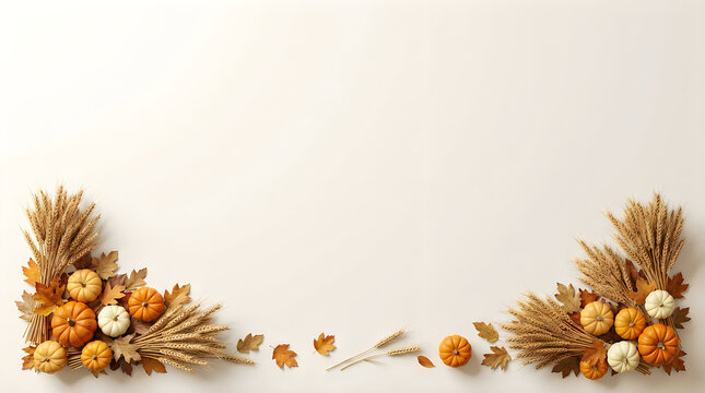 Autumn pumpkin border with dried wheat and fall leaves, seasonal harvest background, minimalist flat lay with copy space