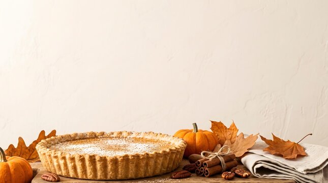 Delicious pumpkin pie with miniature pumpkins and autumn leaves on a white surface