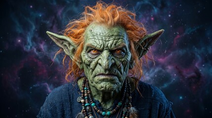 Obraz premium Portrait of an Ancient Green Fantasy Goblin with Radiant Red Hair