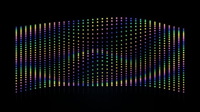 Abstract colorful LED light dots forming a digital wave pattern on a black background.