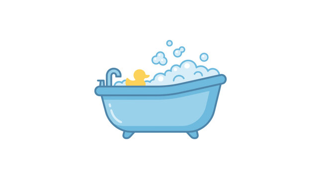 Blue bathtub filled with soap bubbles and a yellow rubber duck for child bath time in bathroom