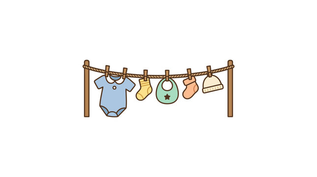Baby clothes and accessories hanging on a clothesline for drying
