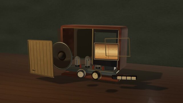 Vintage wooden radio disassembles into ten parts and reassembles on a table, with warm illuminated dial and nostalgic textures, seamless loop