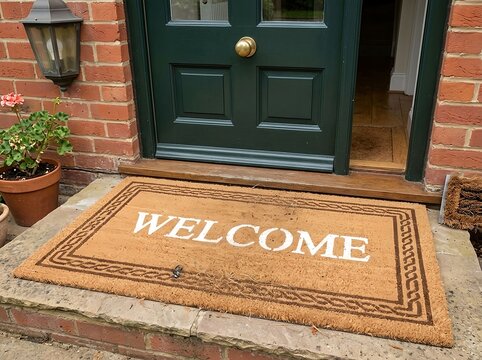 Welcome Doormat at Front Door Entrance. For home hospitality, real estate marketing, property entrance design, and welcoming residential