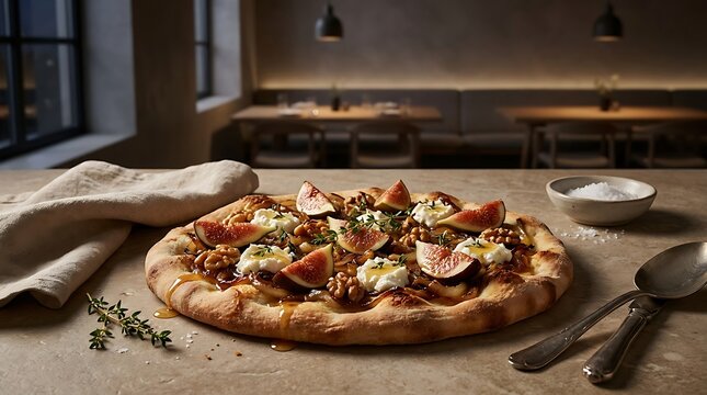 Gourmet flatbread pizza topped with fresh figs, goat cheese, and walnuts in a restaurant.