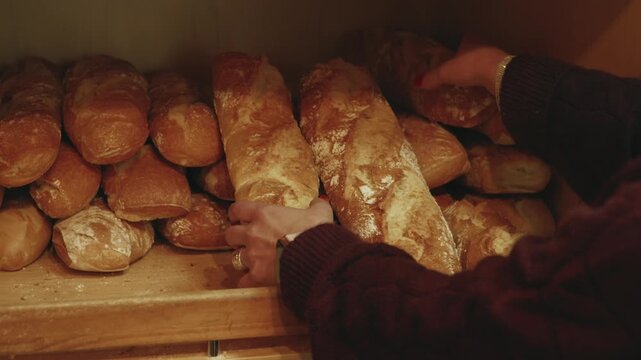 Shop assistant arranging bread loaves on a counter in slow motion