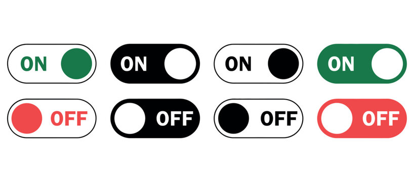 Set of toggle switch buttons with on and off states for web interface and mobile application UI.