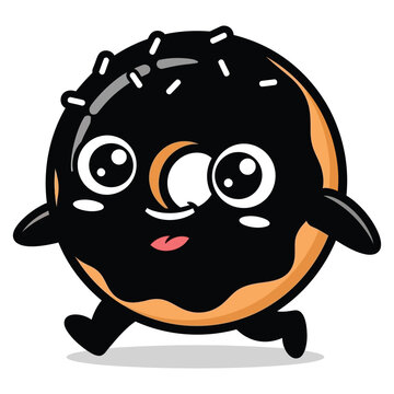 Kawaii chocolate donut character with white sprinkles and big eyes walking vector mascot illustration
