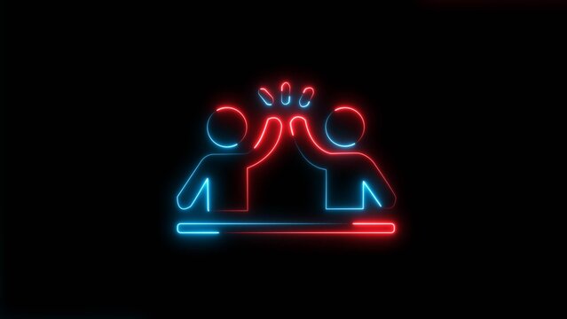 Neon red and blue high five celebration graphic on black background