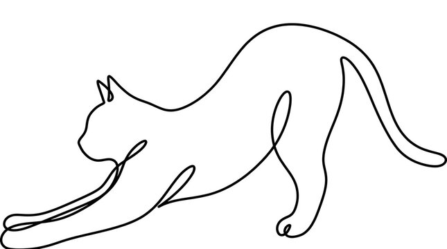 Continuous line drawing of stretching cat vector minimalist line art