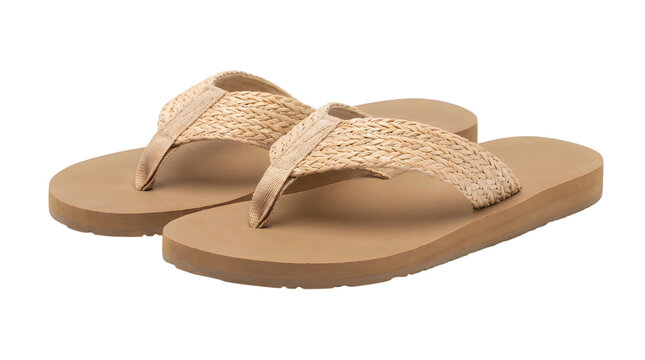 Woven straw flip flops with tan foam soles, bohemian summer beach sandals, casual woven strap thong footwear for vacation isolated PNG with Transparent Background