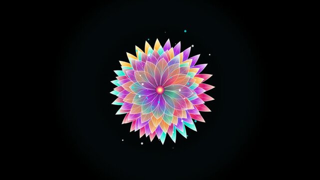 Abstract colorful flower shape with glowing petals on a dark black background