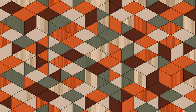 Seamless geometric pattern of interlocking 3D cubes in retro orange and grey tones