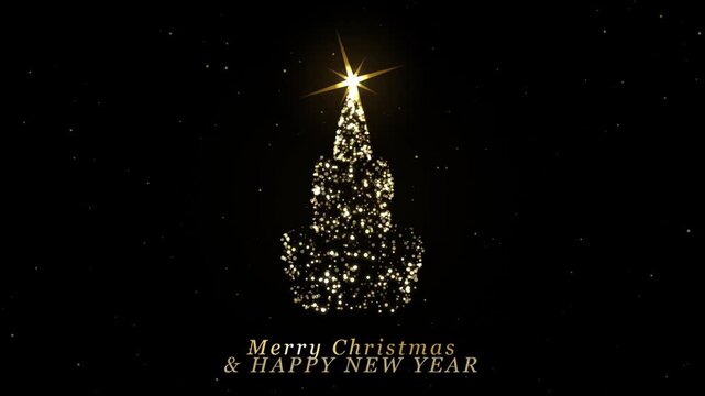 Golden glitter christmas tree animation with merry christmas and happy new year greeting text on black background