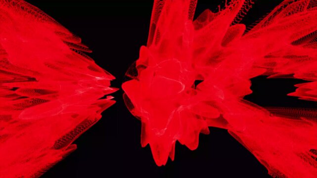 Abstract red liquid particle on black dynamic flowing particles creating complex fluid shapes that evolve and expand