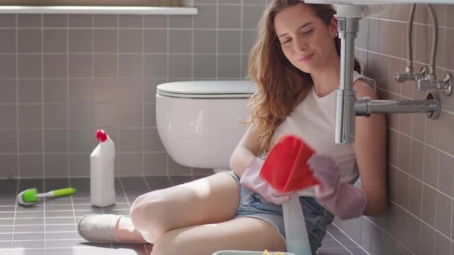 Young woman spraying detergent and cleaning sink pipe with a microfiber cloth.