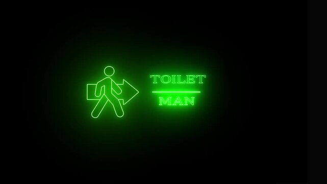 Green neon illuminated sign of a walking man pointing towards a toilet direction glowing light fixture displaying restroom