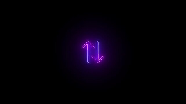 Vertical purple neon double arrow icon representing up and down direction a glowing light symbol with two opposing arrows on a dark