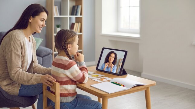 Mother and Daughter During a Remote Speech Therapy Session