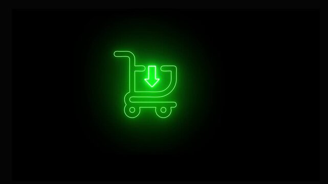 Minimalist green glowing neon shopping cart outline icon on black background a line drawing of a grocery against backdrop